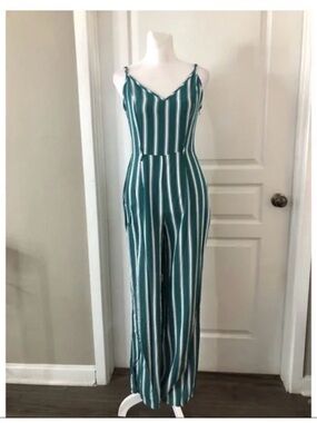 Striped Green Wide-Leg Jumpsuit with Spaghetti Straps